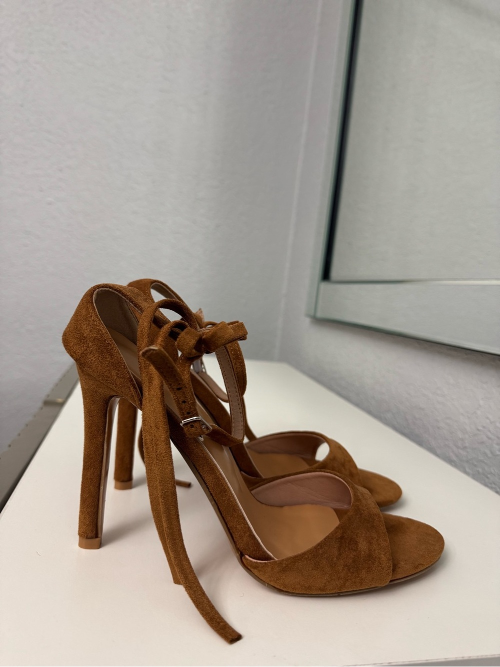 Women's Faux Suede Ankle Strap Heel With Bow Detail At The Back NWOB